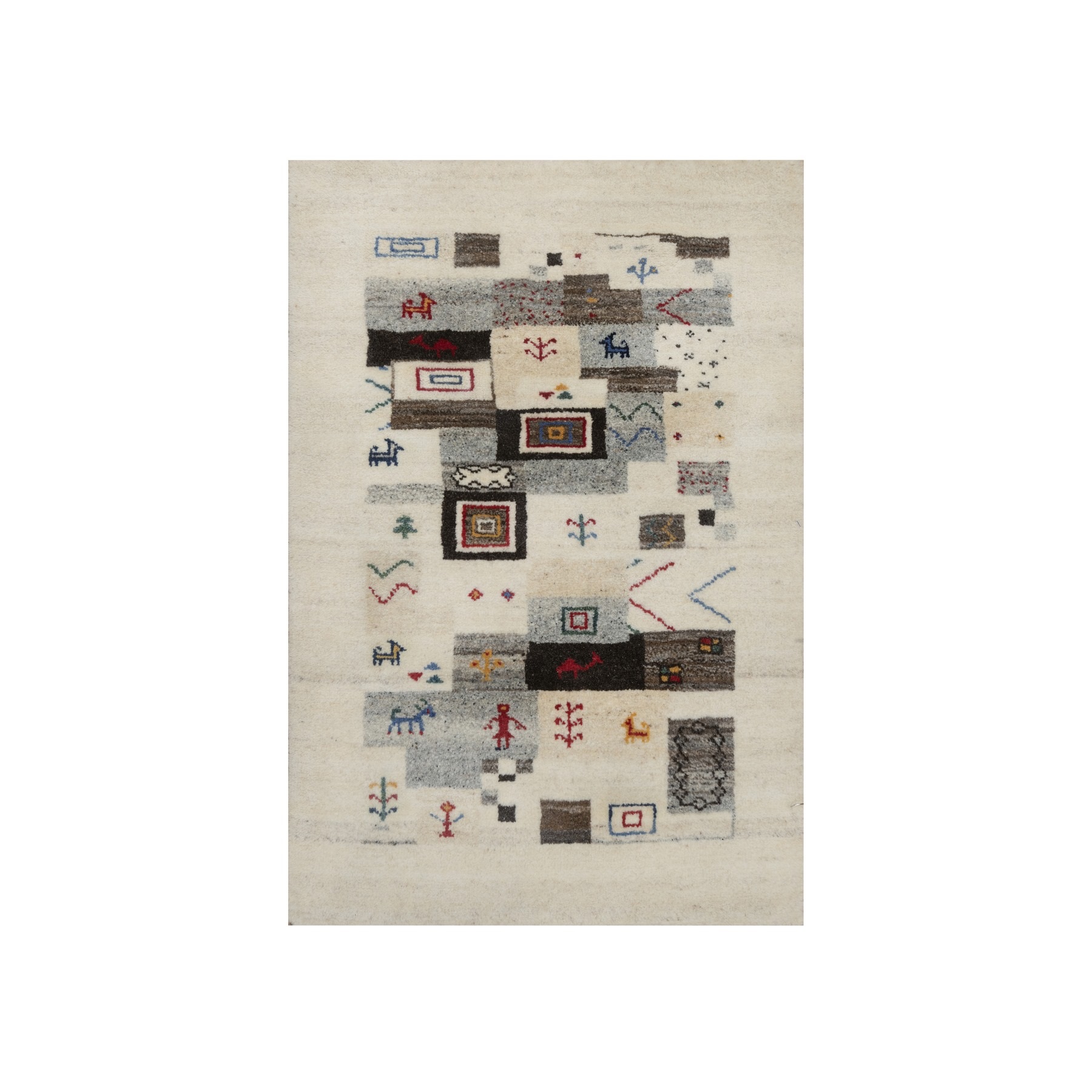 Linen White, Modern, Lori Buft Gabbeh with Small Animal Figurines, Thick and Plush, Pure Wool, Hand Knotted, Mat, Oriental Rug